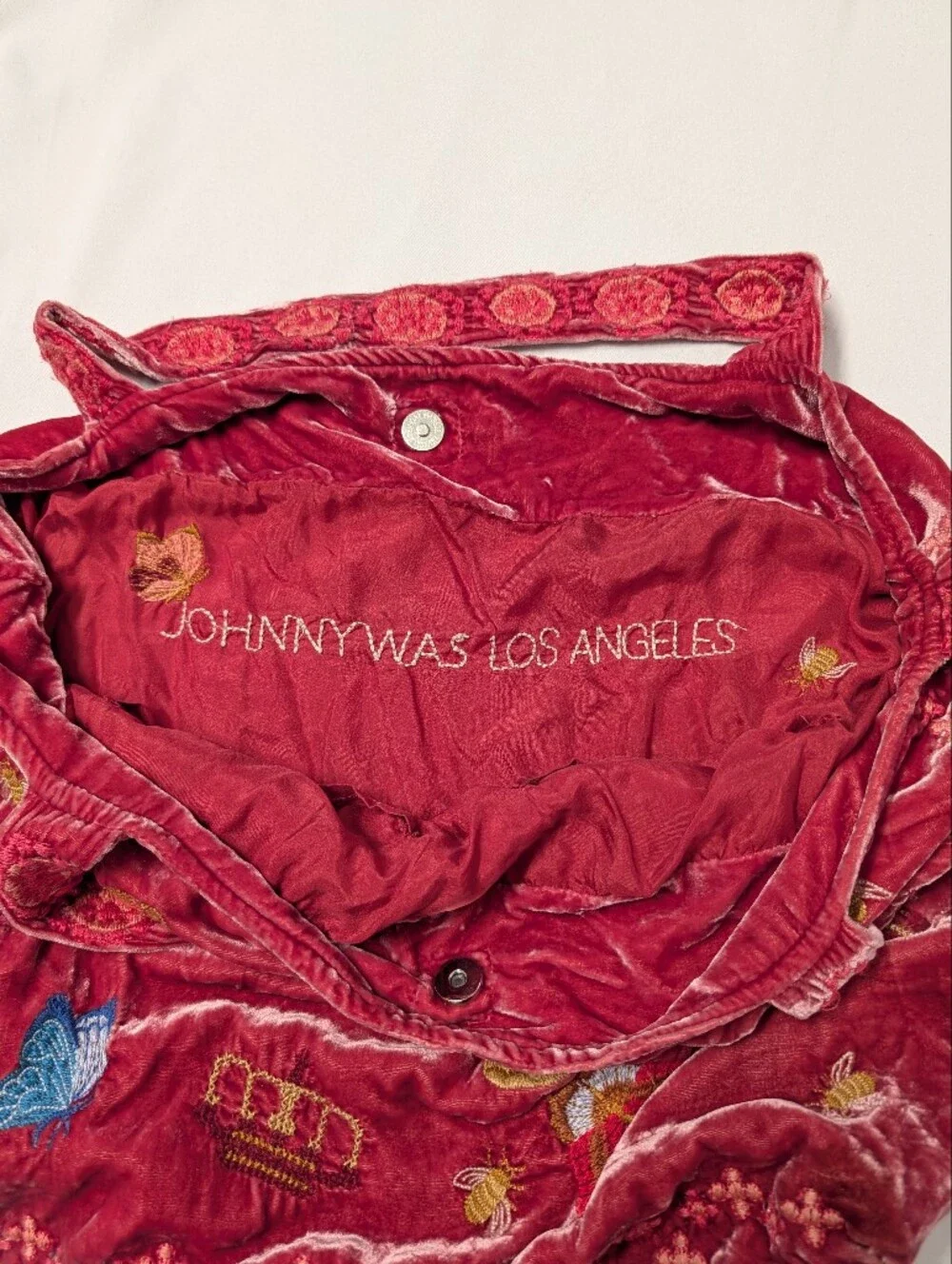 Johnny Was Aria Velvet Silk Embroidered Butterfly & Bee Floral Tote Shoulder Bag